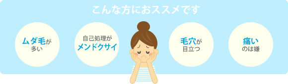 こんな方におススメです。ムダ毛が多い/自己処理がメンドクサイ/毛穴が目立つ/痛いのは嫌